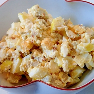 黄色卵で　蒸し牛蒡と焼き豆腐のわさマヨ卵サラダ♪